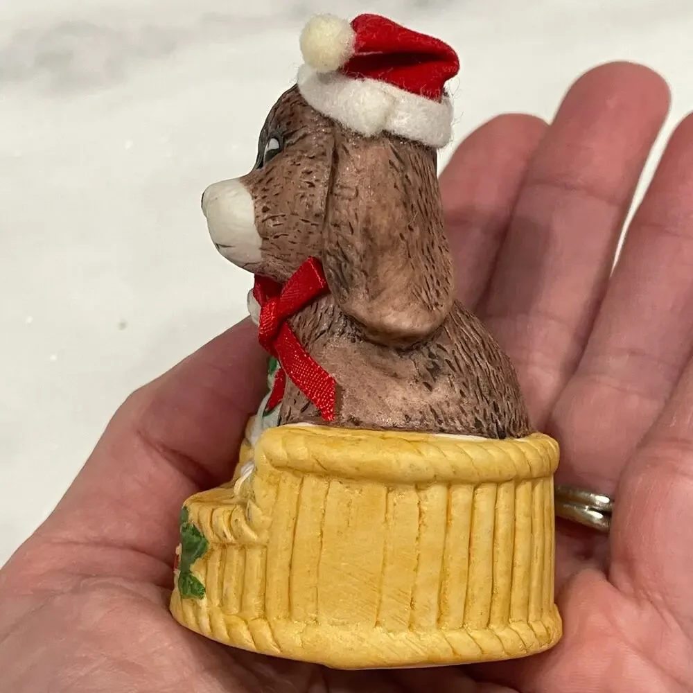 Vintage Porcelain Christmas Puppy Kitten Bell Ornament JSNY Santa Hat Dog Cat